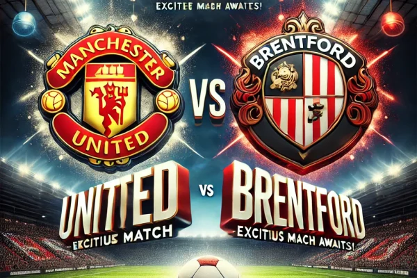 Promo pertandingan Manchester United vs Brentford dengan logo Mamen4D di tengah