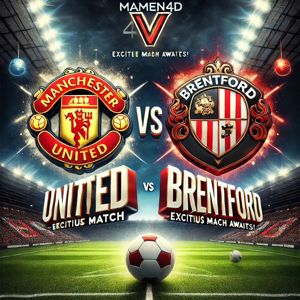 Promo pertandingan Manchester United vs Brentford dengan logo Mamen4D di tengah