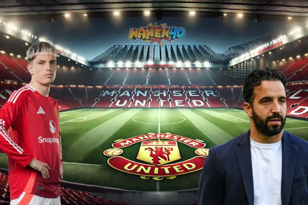 Ruben Amorim dan pemain Manchester United di Old Trafford dengan logo Mamen4D