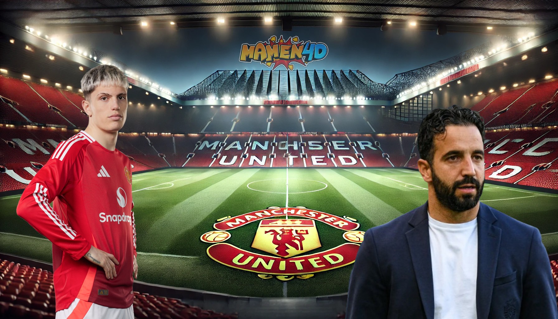 Ruben Amorim dan pemain Manchester United di Old Trafford dengan logo Mamen4D