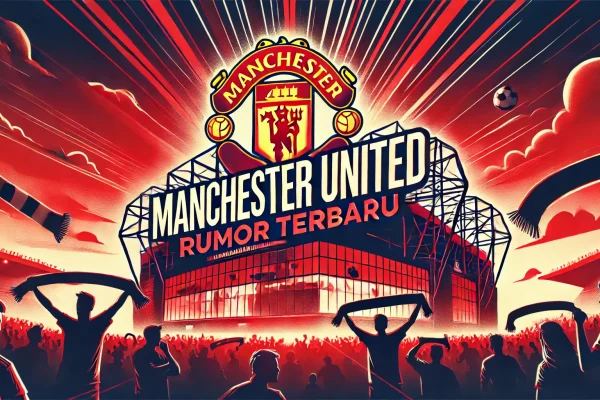 Ilustrasi digital yang menampilkan stadion Old Trafford Manchester United saat matahari terbenam, dengan tulisan 'Manchester United: Rumor Terbaru' di bagian depan, dikelilingi siluet penggemar dengan bendera dan syal, menciptakan suasana penuh antusiasme.