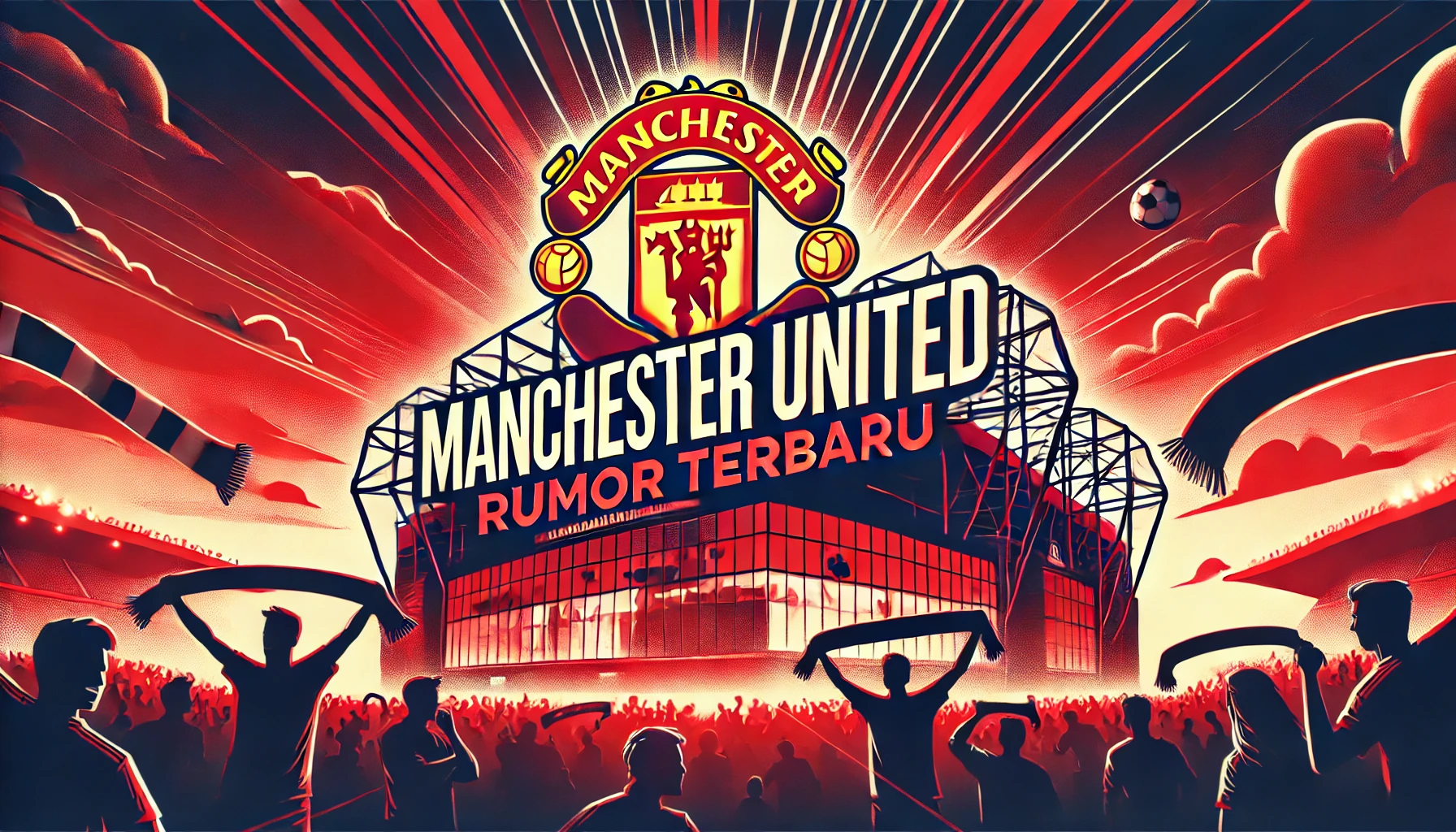 Ilustrasi digital yang menampilkan stadion Old Trafford Manchester United saat matahari terbenam, dengan tulisan 'Manchester United: Rumor Terbaru' di bagian depan, dikelilingi siluet penggemar dengan bendera dan syal, menciptakan suasana penuh antusiasme.