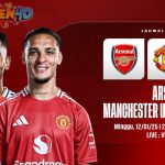 Poster pertandingan sepak bola antara Arsenal dan Manchester United dengan logo tim, tanggal, dan detail pertandingan.