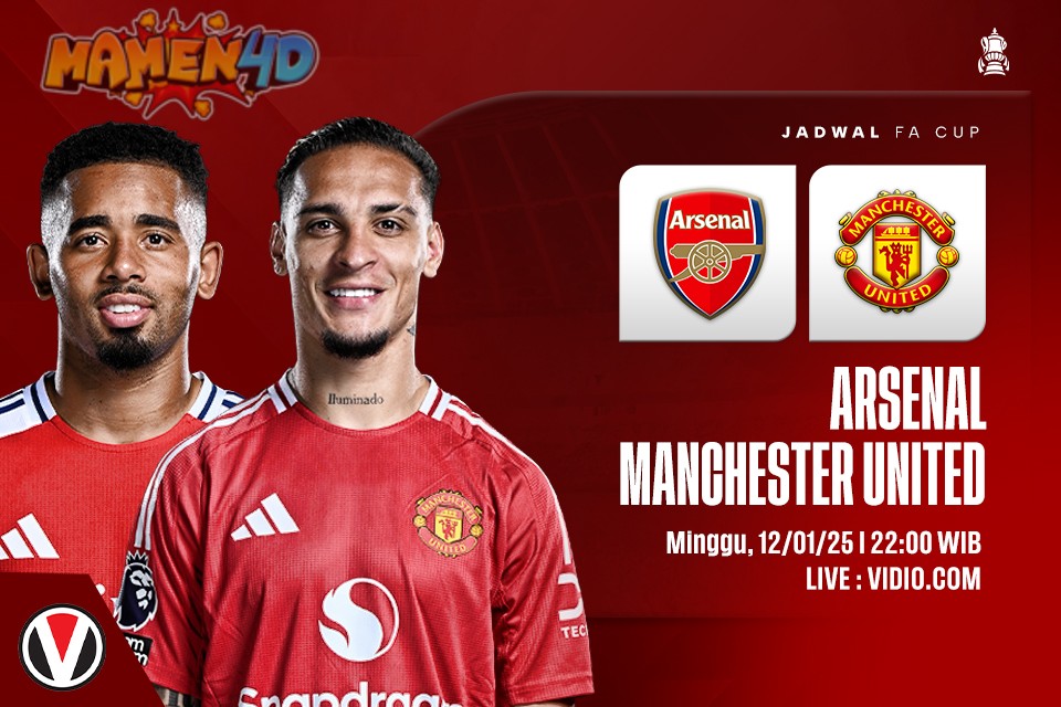 Poster pertandingan sepak bola antara Arsenal dan Manchester United dengan logo tim, tanggal, dan detail pertandingan.